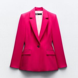 PADDED SHOULDERS FITTED BLAZER TOPSTITCH FUCHSIA